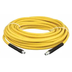 This nitrile washdown hose assembly features an antimicrobial carboxylated nitrile cover, rated for 3000 psi and temperatures from -20° to 250°F. The 100 ft length and 3/8 in inside diameter make it suitable for high-pressure cleaning and washdown applications in industrial and sanitary environments.