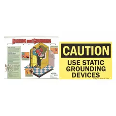 Set of two 3 ft uninsulated carbon steel bonding and grounding wires, each terminated with two alligator clips (total four clips) having a 5/8 in clamp opening span. Includes a laminated awareness poster. Used for temporary bonding and grounding in industrial environments to prevent static discharge and electrical shock during operations such as maintenance, tank truck loading, and drum filling where flammable vapors may be present.