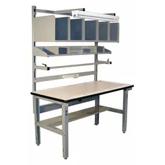 Laminate-top packing table with a gray finish, adjustable tabletop height from 30 to 36 inches, and a lower metal shelf. Suitable for packing, assembly, and inspection tasks in warehouses and distribution centers.