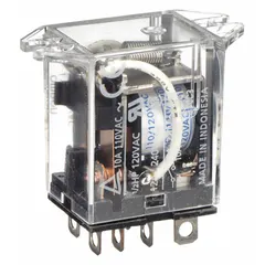 This OMRON LY Series relay features a DPDT contact configuration rated at 10 A at 120V AC, with an operating current of 7.5 A at 110V AC for inductive loads. It has a square base and top flange mounting style, with plug-in terminal connections. Typical applications include switching motors, solenoids, and lighting in automation panels and machine control circuits.