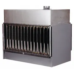 Gas-fired duct furnace with 150,000 BtuH heating capacity input. Constructed with 409 stainless steel. Features a bottom configuration and 1/2 in Male NPT gas connection. Used for heating air in commercial and industrial ducted HVAC systems.