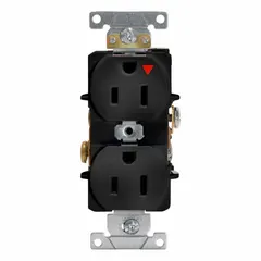 General purpose duplex receptacle rated 125V AC and 15A with 5-15 configuration. Black finish. Isolated ground design reduces electrical noise for sensitive equipment. Suitable for commercial and industrial applications requiring clean power.