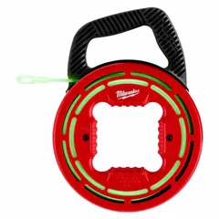 Non-conductive fish tape for pulling wires through conduit and walls. Features a round tape shape with a non-conductive eyelet end style and an internal rotating, low-friction design. Case diameter is 7 inches. Suitable for electrical installations in low-light environments.