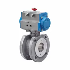 This pneumatically-actuated ball valve is constructed from stainless steel in a one-piece body design. It features flange x flange connections and a 24V DC pilot solenoid for actuation. Suitable for on/off flow control of liquids and gases in industrial piping systems.