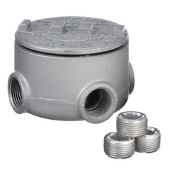 Aluminum conduit outlet body with round back and threaded female hubs, designed for use with threaded IMC. Includes powder-coated finish, cover, and gasket. Rated NEMA 3 for hazardous locations. Provides 13.5 cu in body capacity for pulling, splicing, and terminating conductors.