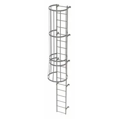 Steel fixed ladder with integrated safety cage for permanent vertical access. 18 rungs, 18 in overall width, supplied unassembled in two sections. Suitable for industrial maintenance, rooftop equipment servicing, and tank or silo entry in factories, warehouses, and utility plants.