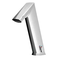 Cast zinc construction with chrome finish. Battery-powered sensor faucet with aerated flow. Includes four AA alkaline batteries. Suitable for commercial restroom applications.