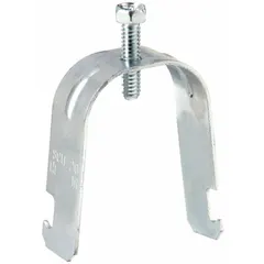 Steel strut clamp with electroplated finish for securing 1-1/4 in trade size conduit to 1-5/8 in strut channels. Accommodates cable range of 1.000 in to 1.510 in. Suitable for mounting conduit runs in electrical installations.