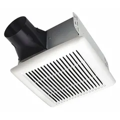 Ceiling-mount exhaust fan for residential bathrooms. Single-speed operation at 110 cfm maximum airflow with 3 sones noise level. Includes non-metallic damper and round duct connection. Mounts directly to a stud or joist. 120V AC power. No heater or sensor.