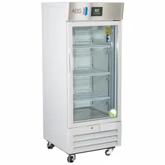 This upright lab refrigerator provides 12 cubic feet of storage capacity with a temperature range of 1°C to 10°C, suitable for preserving samples, reagents, and media. It features a white swing glass door that opens to the right, uses R-290 refrigerant, and includes a temperature alarm. Overall depth is 29 3/4 inches.