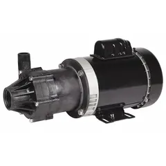 Magnetic-drive straight centrifugal pump with 3/4 hp single-phase motor, 115/230V AC nameplate voltage. Impeller of glass-filled polyphenylene sulfide, FKM gasket, FNPT connections. Suitable for transferring corrosive or high-purity fluids in industrial applications such as chemical processing, plating, and water treatment.