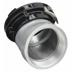 This aluminum swivel adapter connects NPT-threaded fire hydrants or standpipes to Storz hose couplings. The 30° elbow shape reduces hose kinking, and the rocker lug design aids in secure coupling. Suitable for industrial fire-suppression system integration.
