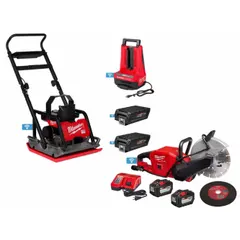 This combination kit includes a concrete saw and a plate compactor, both powered by the M18™ system (18 V DC to 72 V DC). The concrete saw is used for cutting concrete, asphalt, and masonry, while the plate compactor is used for soil and asphalt compaction in construction and landscaping applications.