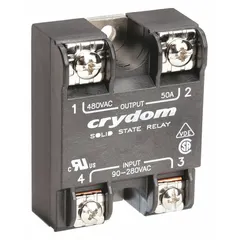 Panel-mounted solid-state relay with SCR AC output, Form A (SPST-NO) switch configuration, and screw-clamp terminals. Output voltage range 48 to 530 V AC, maximum continuous output current 50 A (12 A without heat sink), input current 10 mA. Suitable for switching AC loads in industrial control panels, HVAC equipment, and process automation where silent, maintenance-free operation is required.