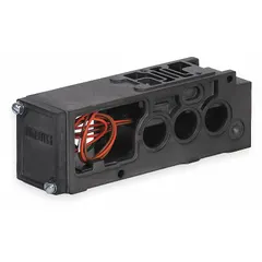 Receptacle-type manifold base for the Mark 8 series pneumatic valves. Port size 1/4 in, coefficient of volume (Cv) 1. Includes DIN rail clamps for mounting in control cabinets or machine frames.