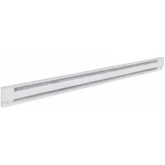 Residential-grade electric baseboard heater with conventional white housing. Operates at 120V AC and delivers 1500W output. Thermostat not included; requires separate wall or line-voltage thermostat. Suitable for supplemental or primary heating in residential spaces.