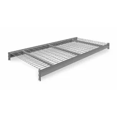 This wire decking shelf kit includes two 14 ga steel beams and two crossbars, with a powder-coated gray steel frame and 5 AWG galvanized wire decking. The open wire design allows light and air circulation, suitable for heavy-duty industrial storage in pallet rack systems. Load capacity is 2,750 lb.