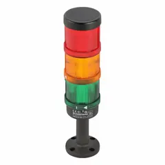 Three-tier tower light assembly with green, red, and yellow light tiers for visual status indication. Operates on 24V AC/DC supply. Overall height 299 mm. No sounder tier included. Suitable for use in industrial automation and machinery to signal normal, warning, and alarm conditions.