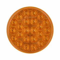 Amber LED perimeter warning light with round shape and grommet mount. Features 28 selectable flash patterns and operates on 12/24V DC. Includes PL-3 connector for electrical connection. Overall width 1 5/8 in. Suitable for use on fleet vehicles requiring high-visibility warning lighting.