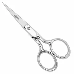 All-metal scissors with a 4-inch overall length, straight steel blade, pointed tip, and straight handle in silver finish. Suitable for precision cutting of threads, fabrics, and light materials in sewing, tailoring, and textile work.