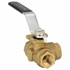 This three-way ball valve features an L-flow pattern for diverting or mixing flow in piping systems. Constructed of brass with FNPT connections and a standard port ball port, it is operated by a lever handle. Typical applications include water treatment, chemical processing, and HVAC systems where directional flow control is required.