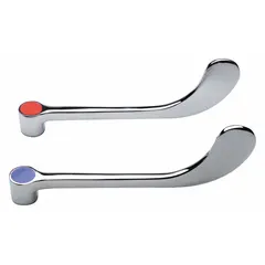 This brass wristblade handle with chrome finish is designed for use with Zurn AquaSpec® Series faucets. It is suitable for controlling hot and cold water flow in commercial or institutional restrooms, providing easy operation. The handle is a replacement part for AquaSpec® faucets.