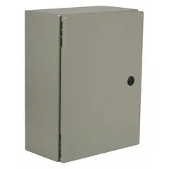 This steel washdown enclosure measures 36 x 30 x 20 inches and features a solid hinged cover secured with a 1/4-turn latch. Rated NEMA 12/13/3R/4, it provides protection against dust, falling dirt, rain, sleet, and hose-directed water for indoor or outdoor use. No knockouts are included.