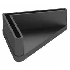 Black nylon footplate for boltless shelving uprights. Measures 2-1/4 x 2-1/4 x 3/4 in with unfinished surface. Provides a protective base to reduce floor contact and improve stability in storage applications.