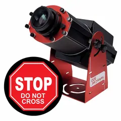 This 300 W red laser projector includes a 'Stop Do Not Cross' lens and image template. It projects a visual barrier for hazard marking in industrial facilities, warehouses, and construction zones. Mounting brackets are included for installation.