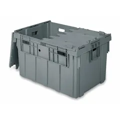This 45.6-gallon plastic tote features a gray body and gray attached two-piece lid. External dimensions are 34 in x 24 in x 19 5/8 in. Suitable for storage and transport of bulk materials, parts, or inventory in warehouses and manufacturing facilities.