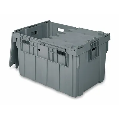 BUCKHORN Attached Lid Tote: 45.6 gal, 34 in x 24 in x 19 5/8 in, Gray Body, Gray Lid - Colored Attached-Lid Totes with Two-Piece Lids