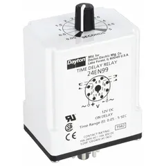 This Dayton socket-mounted relay provides an On Delay function, activating its output after a preset time once power is applied. Rated for 12V DC coil voltage and 10 A contact current, it features 8 pins/terminals for easy installation in industrial control panels. Typical applications include motor starting sequences, conveyor systems, and HVAC controls requiring a timed delay.
