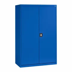 Blue frame commercial wardrobe cabinet with one adjustable shelf, recessed handle, and three-point locking system. Measures 46 x 24 x 72 inches. Supplied unassembled. Suitable for secure storage of personal items or tools in industrial, office, or institutional settings.
