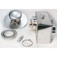 Steel venting system for gas wall and ceiling heaters. Features a 5-inch diameter intake/vent concentric Y design for surface mounting. Includes a vent box assembly. Compatible with unit heaters, models 4DG06 to 4DG45.