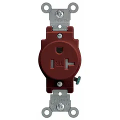 General purpose single receptacle rated 125V AC and 20 A with NEMA 5-20R configuration, 2 pole/3 wire grounding. Brown finish. Suitable for powering equipment in commercial and industrial environments such as offices, workshops, and light manufacturing.