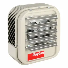 This electric unit heater is designed for wall or ceiling mounting in commercial and industrial spaces such as warehouses, workshops, and garages. It operates on 208/240 V AC, 1-Phase power and measures 16 inches high by 14 inches wide by 8-1/2 inches deep.