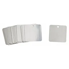 These blank valve tags are made of stainless steel with a silver finish, square shape measuring 2 in x 2 in, and 0.024 in thickness. Supplied in a pack of 25, they are used for identifying valves, pipes, and equipment in industrial settings where corrosion resistance and durability are required.