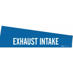 Blue adhesive pipe markers with white legend reading 'Exhaust Intake', designed for pipe outer diameters from 2-1/2 to 7-7/8 inches. Each pack contains 5 markers without directional arrows. Used to identify exhaust intake piping in industrial facilities for clear visual communication.