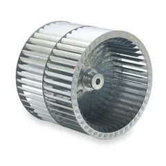 This dual-inlet forward-curved blower wheel has a 9 7/16 in diameter, 6 in width, and 1/2 in bore. It features a steel wheel with clockwise hub-end rotation. Typical applications include HVAC air handlers, furnaces, and ventilation units requiring moderate static pressure and high airflow.