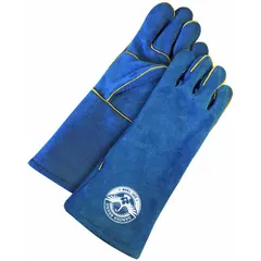 These TIG welding gloves feature a straight thumb, premium blue cowhide leather palm and backing, and a gauntlet cuff for wrist protection. Touchscreen compatible for device use without removal. Suitable for precision welding tasks requiring dexterity and heat resistance. Sold as 1 pair.