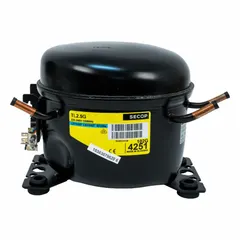 Hermetic reciprocating compressor for R-134A refrigerant systems. Delivers 969 BtuH cooling capacity with a 1/10 hp motor. Features a 5 mm discharge line connection. Used in commercial refrigeration equipment such as beverage coolers, freezers, and small condensing units.
