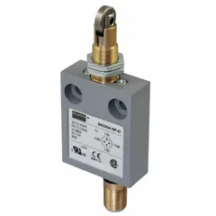 This top-mount limit switch uses a cross-roller-plunger actuator for position sensing in automated machinery. It features a 4-pin M12 connector for integration into industrial control systems. Typical applications include detecting object presence or absence on packaging lines, conveyor systems, and other automated equipment.
