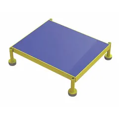 This single-step platform features a blue steel frame with an antifatigue mat tread for comfort. The adjustable-height design allows the platform height to be set as needed, with a maximum of 14 inches. The 19-inch-wide platform provides a stable elevated surface for tasks such as assembly, maintenance, or order picking in industrial and commercial settings.