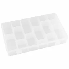 Clear plastic compartmented box with adjustable dividers for organizing small parts. Not electrostatic discharge conductive. Suitable for workshops, assembly lines, and maintenance tasks where clear visibility of contents is needed.