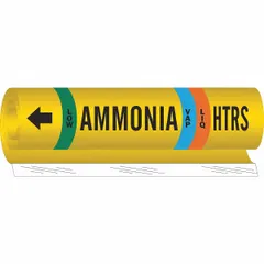 Ammonia wrap-around pipe marker for IIAR systems, phase LIQ/VAP, low pressure. Fits pipe O.D. 1-1/2 to 2-3/8 in. Includes directional arrows. Supplied as a single marker.