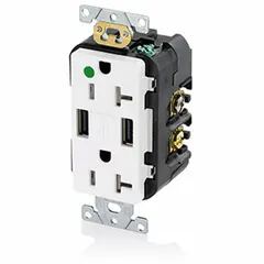Hospital-grade duplex receptacle with two USB Type A charging ports. Rated 125V AC, 20A with 5-20R configuration. White. Suitable for healthcare facilities and patient rooms requiring reliable power and device charging.