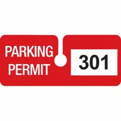 Vinyl parking hanger in red, with a 2-inch card height and 4 3/4-inch overall width. Supplied in a 100-pack. Used for designating authorized parking in lots, garages, or facilities.