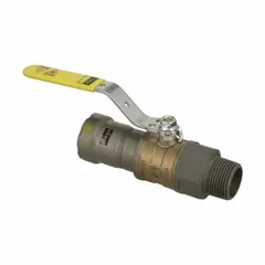 Straight-pattern bronze ball valve with PTFE components and a locking lever handle. Rated for a maximum working pressure of 125 psi (CWP). Used for on/off or flow control in commercial and light industrial piping systems handling water, oil, or gas.