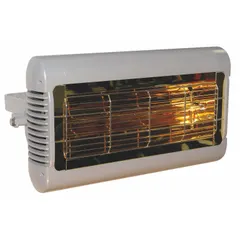 Hardwired infrared radiant heater with quartz lamp element and aluminum housing in silver. Selectable 1500W or 2000W output on 208/240V AC, 1 phase. Measures 16 x 10 x 6 inches. Suitable for spot heating in commercial or industrial spaces such as warehouses, workshops, and loading docks.