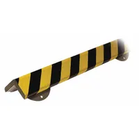 This flat-shaped corner protector is made of polyurethane foam and measures 39 inches in length with a 0.5-inch thickness. It is black with yellow accents and mounts using anchor screws. Designed for use in warehouses, factories, and loading docks, it helps protect personnel and equipment from impact damage on exposed corners